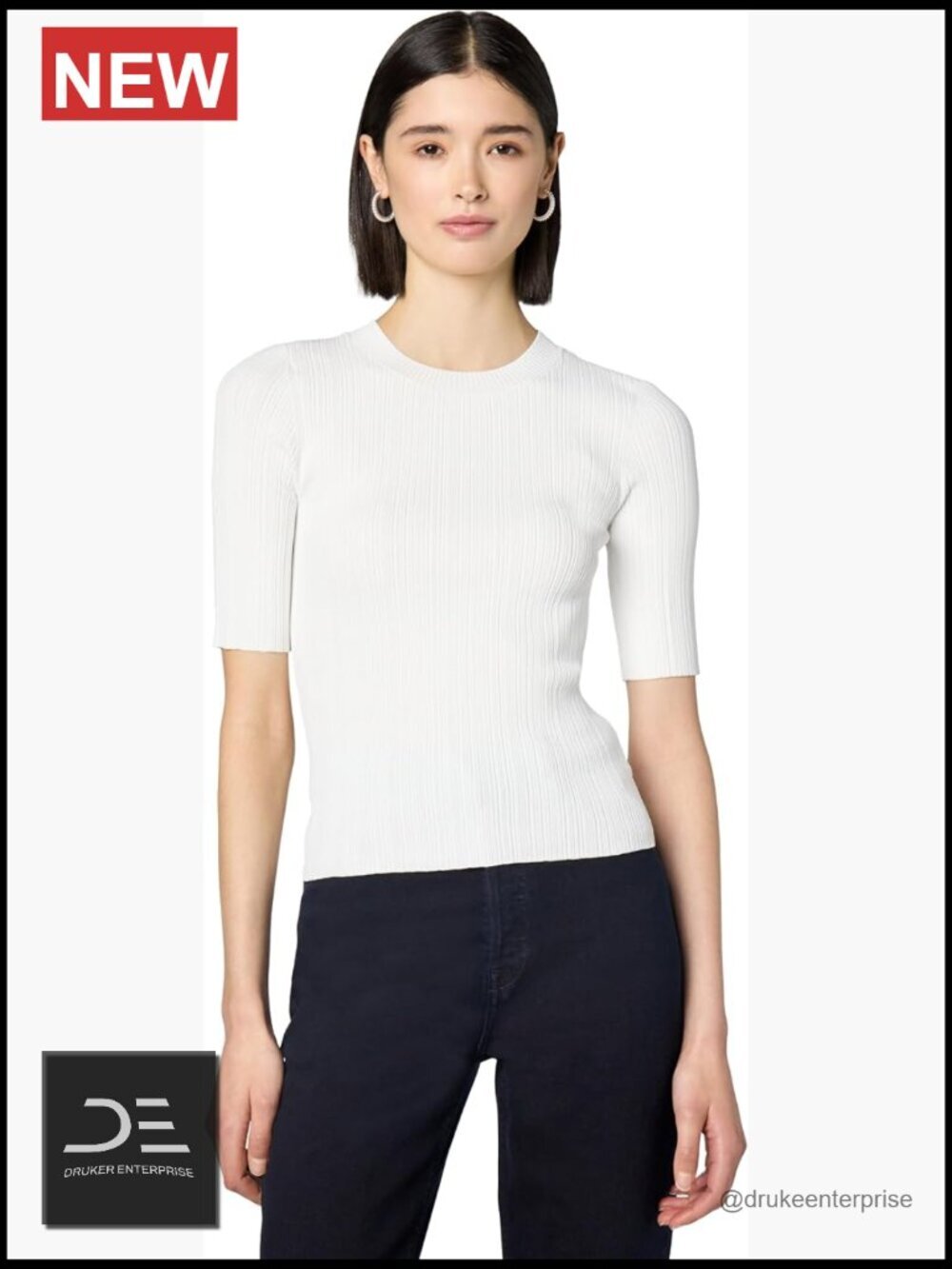 Viscose Nylon Blend Sweater Tee Crew Neck Pleated Effect Layering